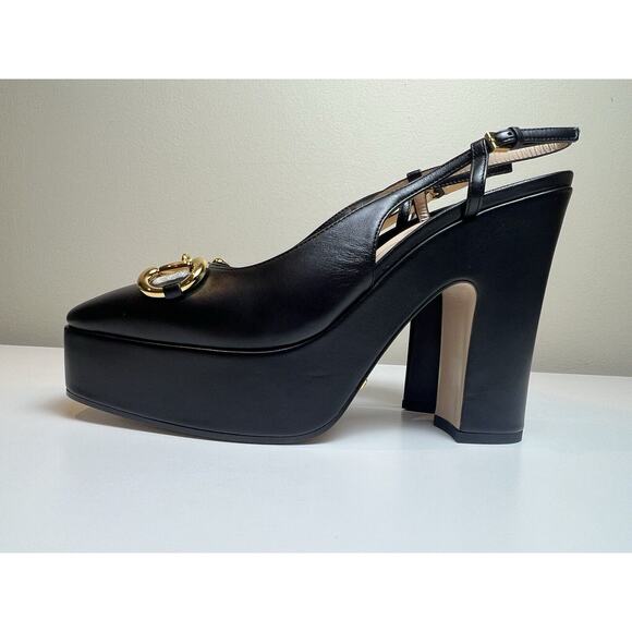 GUCCI SHOES PLATFORM BLACK LEATHER SLINGBACK PUMPS w HORSEBIT $1,100 sz 39 9 - Picture 6 of 9